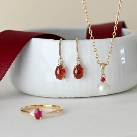 ovaal granaat diamant oorbellen in 14 karaat goud met granaat en diamant