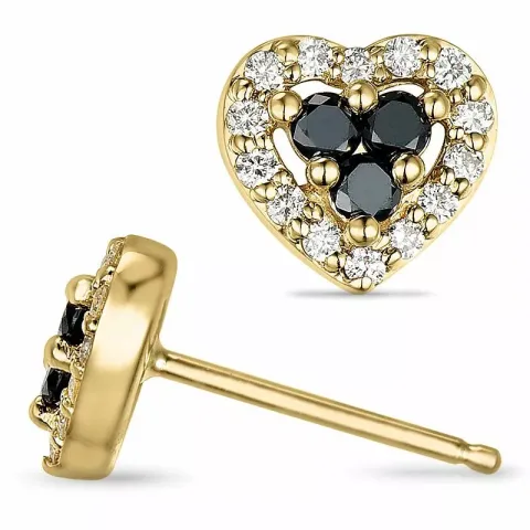 hart zwart diamant oorsteker in 14 karaat witgoud met zwart diamant en diamant