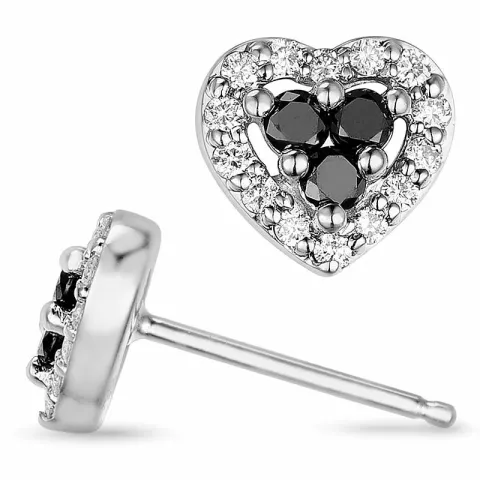 hart zwart diamant oorsteker in 14 karaat witgoud met zwart diamant en diamant