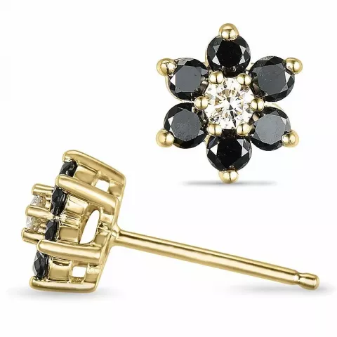 bloem zwart diamant oorsteker in 14 karaat goud met diamant en zwart diamant 