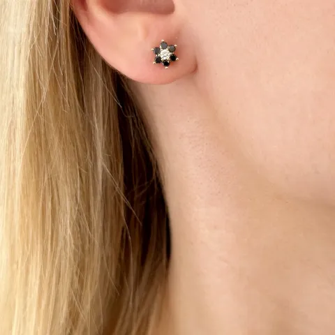 bloem zwart diamant oorsteker in 14 karaat goud met diamant en zwart diamant
