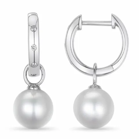 lange 13 mm parel creool in 14 karaat witgoud met diamant