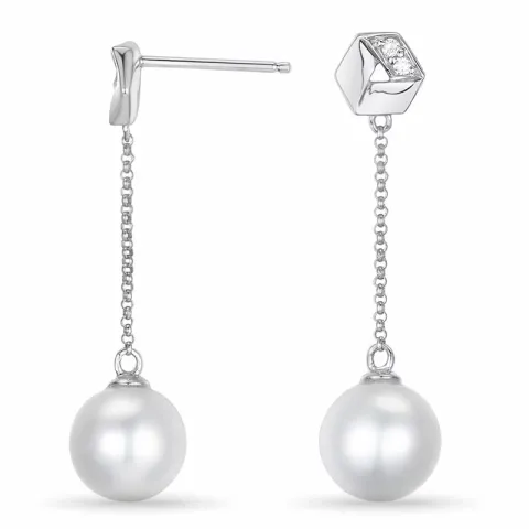 lange parel briljant oorbellen in 14 karaat witgoud met diamant