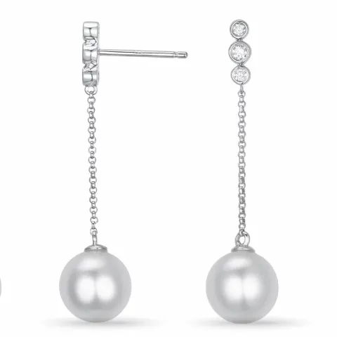 lange parel briljant oorbellen in 14 karaat witgoud met diamant 