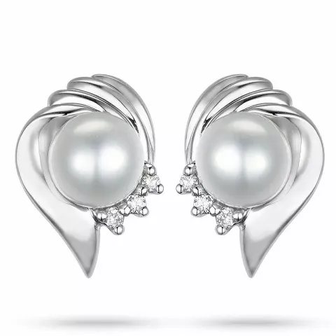 bloem parel diamant oorbellen in 14 karaat witgoud met diamant