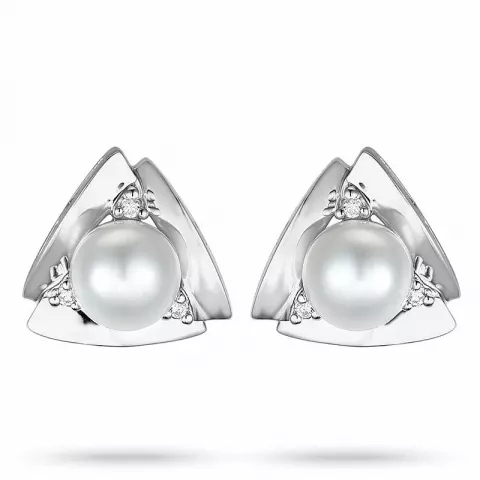 driehoekig parel diamant oorbellen in 14 karaat witgoud met diamant 