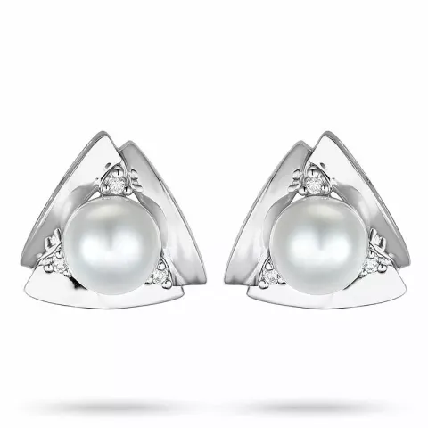 driehoekig parel diamant oorbellen in 14 karaat witgoud met diamant