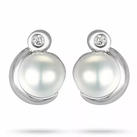 Parel diamant oorbellen in 14 karaat witgoud met diamanten