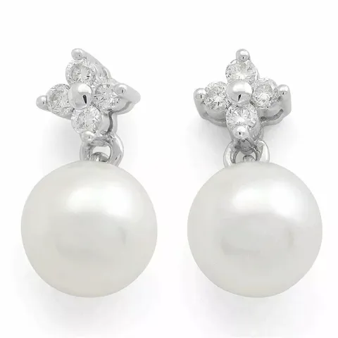 bloem parel diamant oorbellen in 14 karaat witgoud met diamant