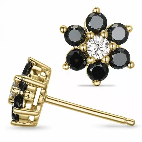 bloem zwart diamant oorbellen in 14 karaat goud met diamant en zwart diamant 