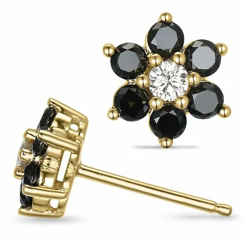 bloem zwart diamant oorbellen in 14 karaat goud met diamant en zwart diamant