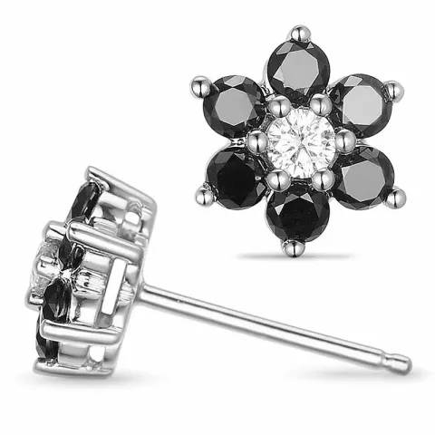bloem zwart diamant oorbellen in 14 karaat witgoud met diamant en zwart diamant 