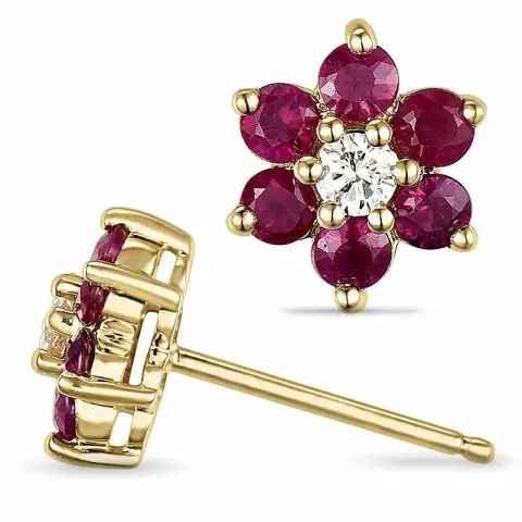 Bloem robijn diamant oorbellen in 14 karaat goud met diamanten en robijnen 