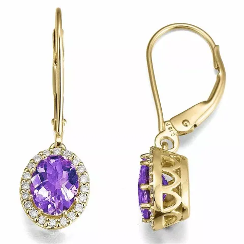 ovaal amethist diamant oorbellen in 14 karaat goud met diamant en amethist