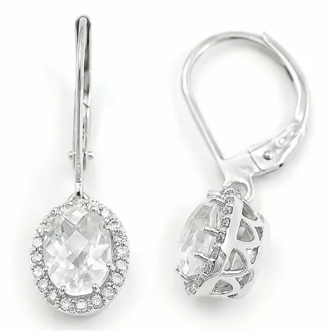 ovaal witte kwarts diamant oorbellen in 14 karaat witgoud met diamant en kwarts