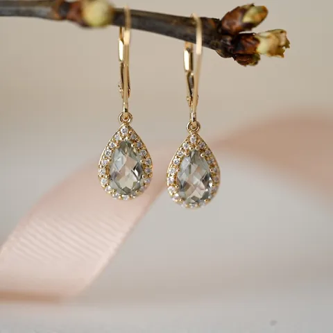 druppel groene amethist diamant oorbellen in 14 karaat goud met diamant en amethist