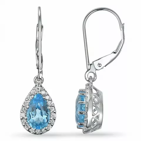 druppel blauwe topaas diamant oorbellen in 14 karaat witgoud met diamant en topaas 