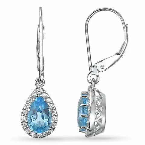 druppel blauwe topaas diamant oorbellen in 14 karaat witgoud met diamant en topaas