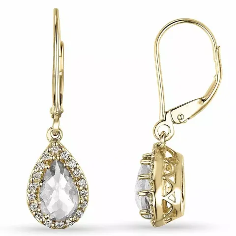 druppel witte kwarts diamant oorbellen in 14 karaat goud met diamant en kwarts