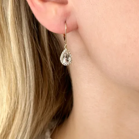 druppel witte kwarts diamant oorbellen in 14 karaat goud met diamant en kwarts