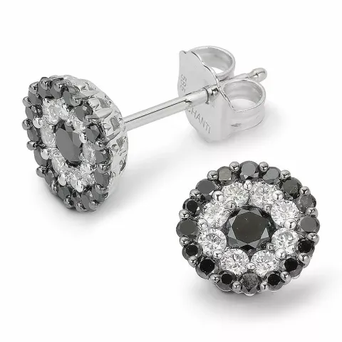 rond zwart diamant oorsteker in 14 karaat witgoud met diamant en diamant 