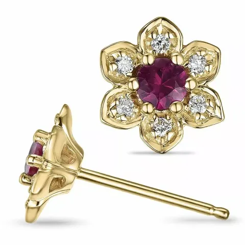 Bloem robijn diamant oorbellen in 14 karaat goud met diamanten en robijnen