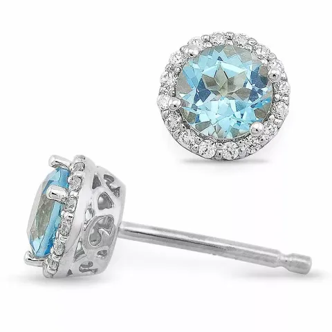 rond blauwe topaas diamant oorbellen in 14 karaat witgoud met diamant en topaas