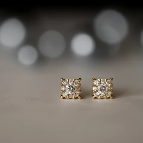 Vierkant diamant oorbellen in 14 karaat goud met diamant en diamant