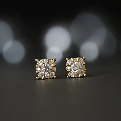 Vierkant diamant oorbellen in 14 karaat goud met diamant en diamant