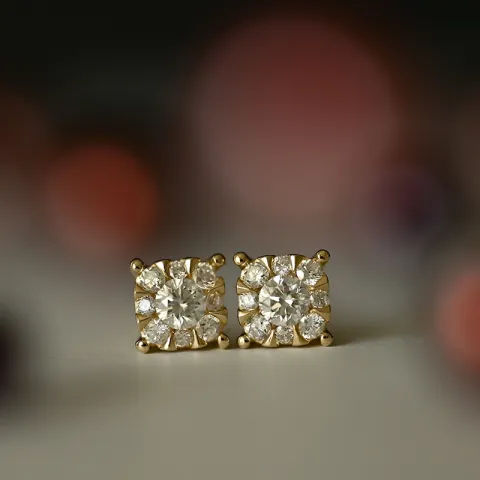 Vierkant diamant oorbellen in 14 karaat goud met diamant en diamant