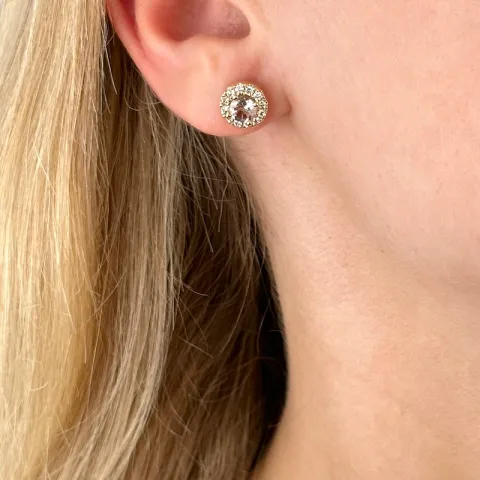 rond morganiet diamant oorbellen in 14 karaat goud met morganiet en diamant