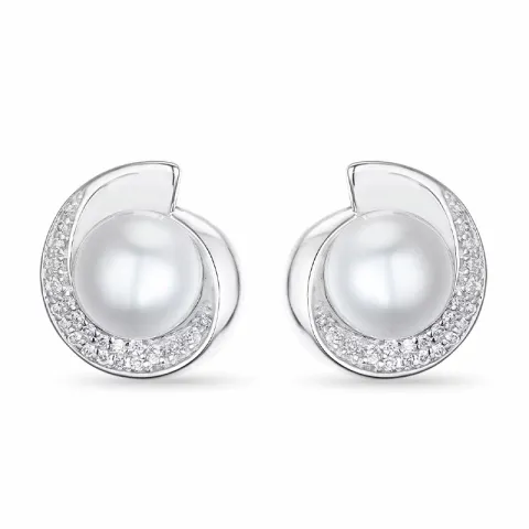 rond parel oorsteker in 14 karaat witgoud met diamant