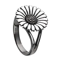 15 mm Kranz en Ziegler margriet ring in zwart gerhodineerd zilver witte emaille