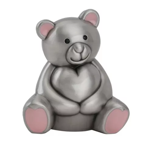 Geboortegeschenken: knuffelbeer met hartje spaarpot in verchroomd  model: 152-76288