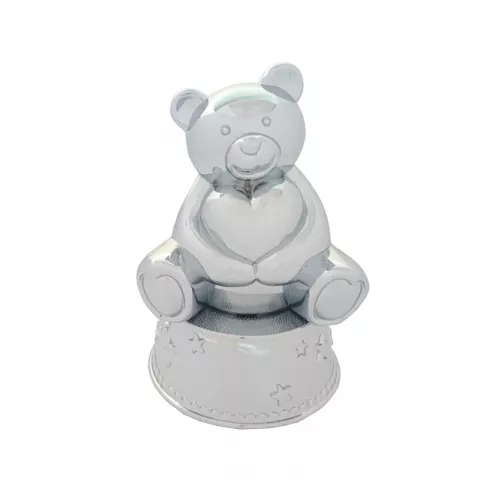 Geboortegeschenken: teddybeer spaarpot met muziek in verchroomd  model: 152-86291