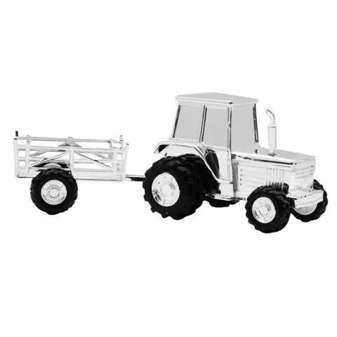 Geboortegeschenken: trekker met kar spaarvarken in verchroomd  model: 152-86904