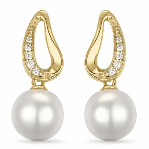lange parel briljant oorbellen in 14 karaat goud met diamant