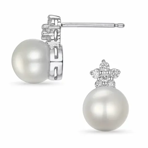 bloem parel briljant oorbellen in 14 karaat witgoud met diamant