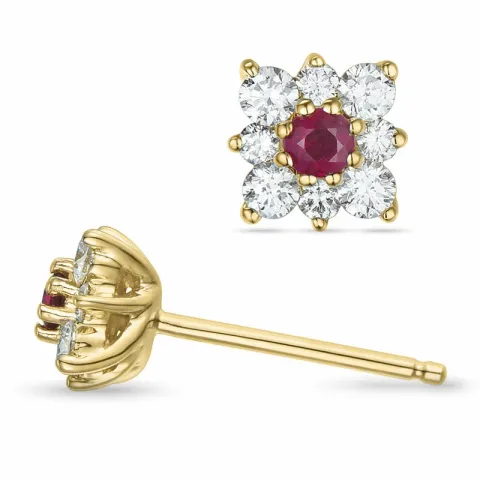 bloem robijn briljant oorbellen in 14 karaat goud met robijn en diamant