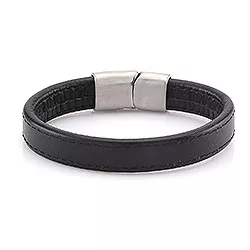 Heren armband in zwart leer met staal slot  x 14,3 mm