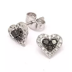 hart diamant oorsteker in 14 karaat witgoud met diamant en zwart diamant 