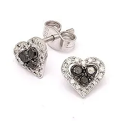 hart diamant oorsteker in 14 karaat witgoud met diamant en zwart diamant