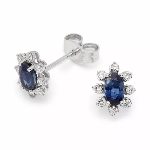 bloem saffier rozetoorbel in 14 karaat witgoud met diamant en saffier