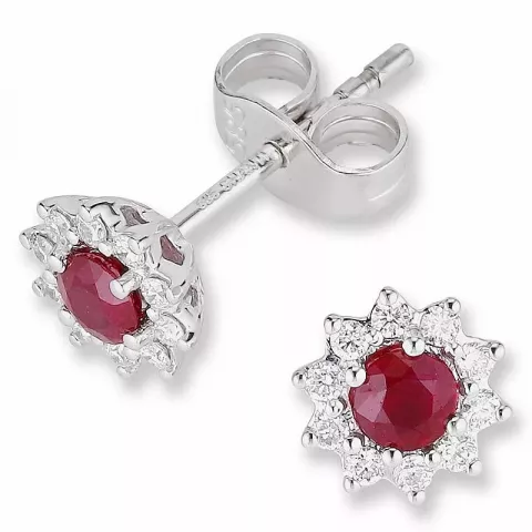 bloem robijn briljant oorbellen in 14 karaat witgoud met diamant en robijn 