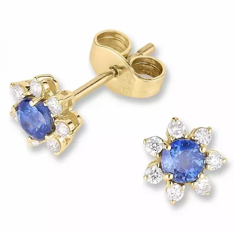 bloem blauwe saffier diamant oorbellen in 14 karaat goud met diamant en saffier 
