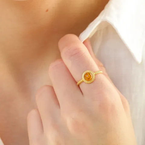 Smal barnsteen ring in verguld sterlingzilver
