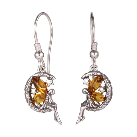 Schattige fee barnsteen oorsteker in zilver