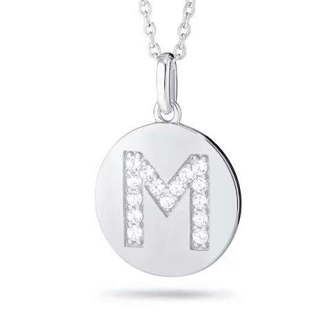 letter m zirkoon ketting in gerodineerd zilver met hanger in gerodineerd zilver