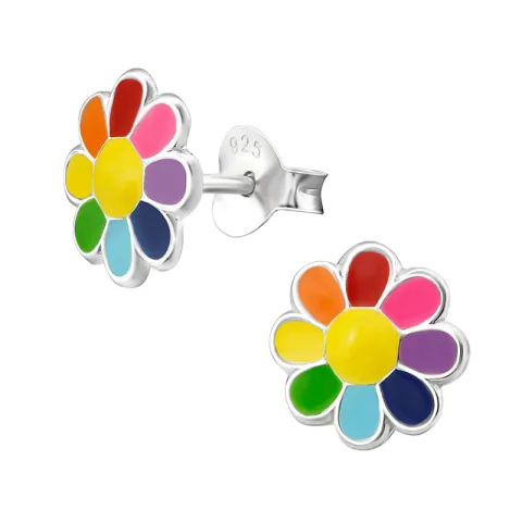 bloem multikleurige oorbellen in zilver