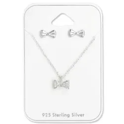 Strikje set met oorbellen en ketting in zilver